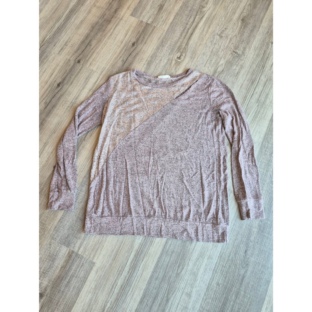A.gain Womens Long Sleeve Cutout Sequin Top Mauve Purple Heathered Knit Small